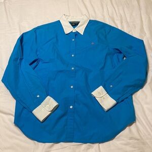 Womens Ralph Lauren VTG Turquoise Button-Down Shirt White Collar & Cuffs Size L